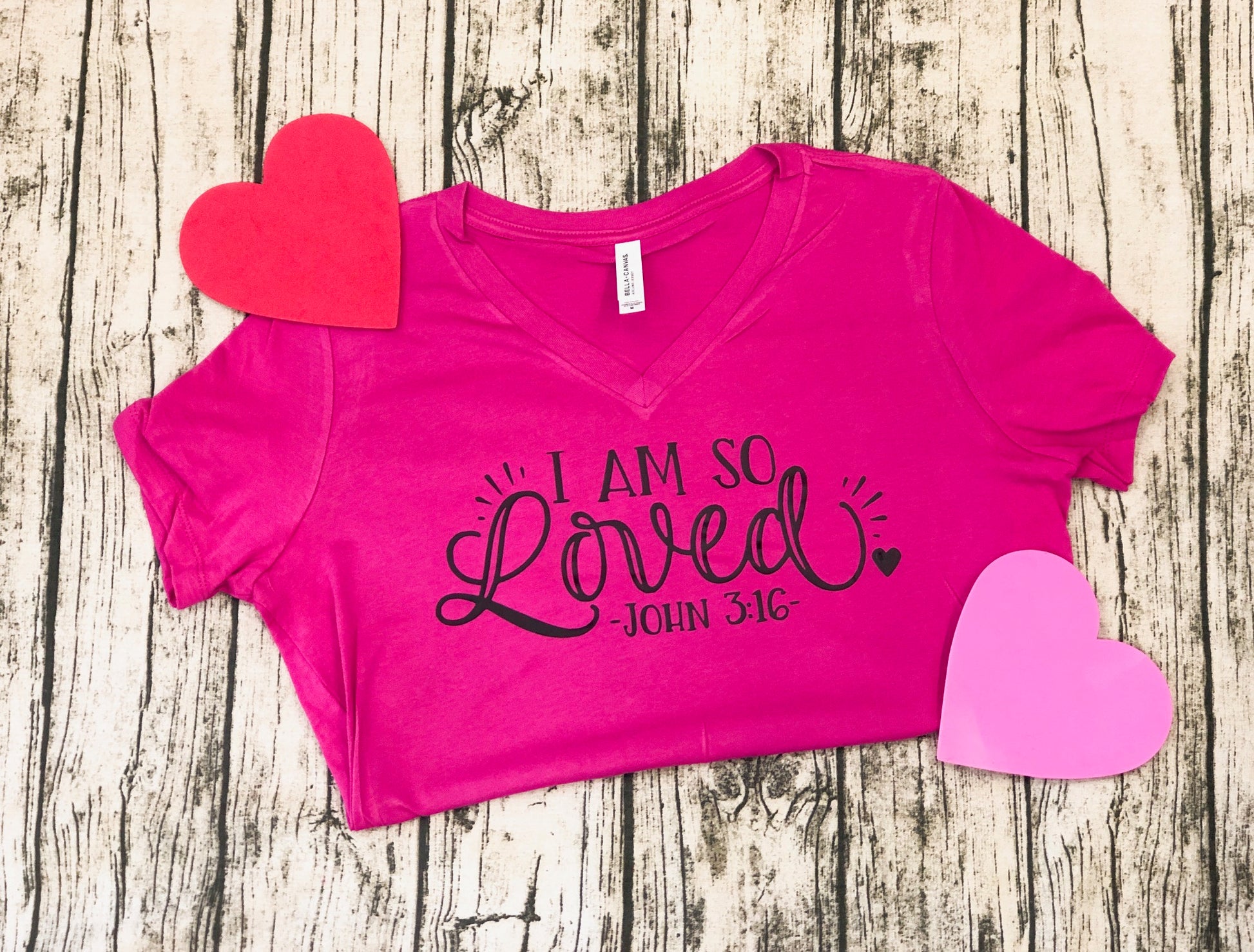 I Am So Loved John 3:16 - Bella Canvas V-Neck Hot Pink - Southern Grace Creations