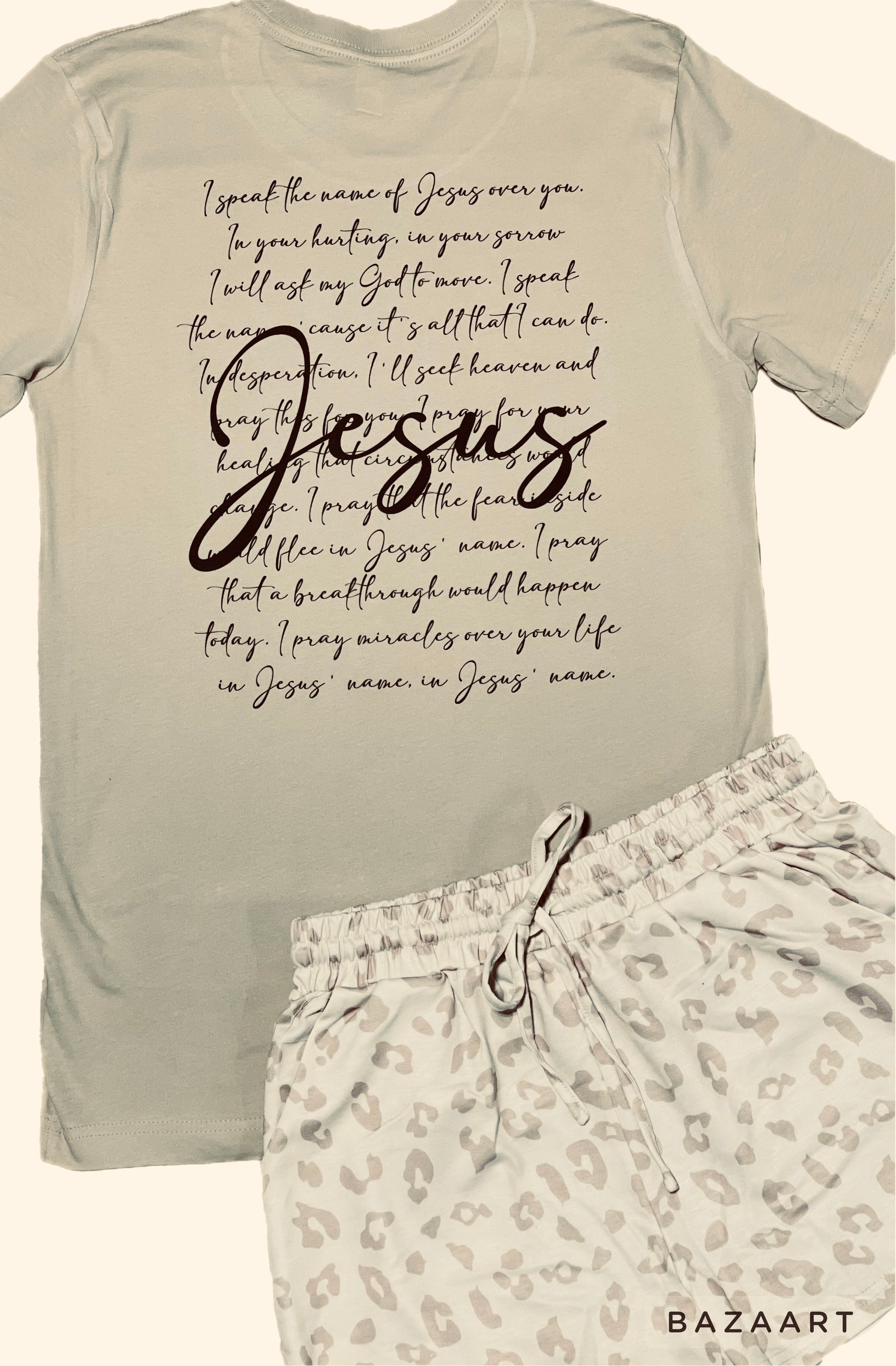 I Speak the Name of Jesus tan leopard shorts SET - Southern Grace Creations