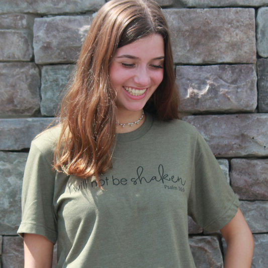 I Will Not Be Shaken Tee (Military Green Heather Tee) - Southern Grace Creations