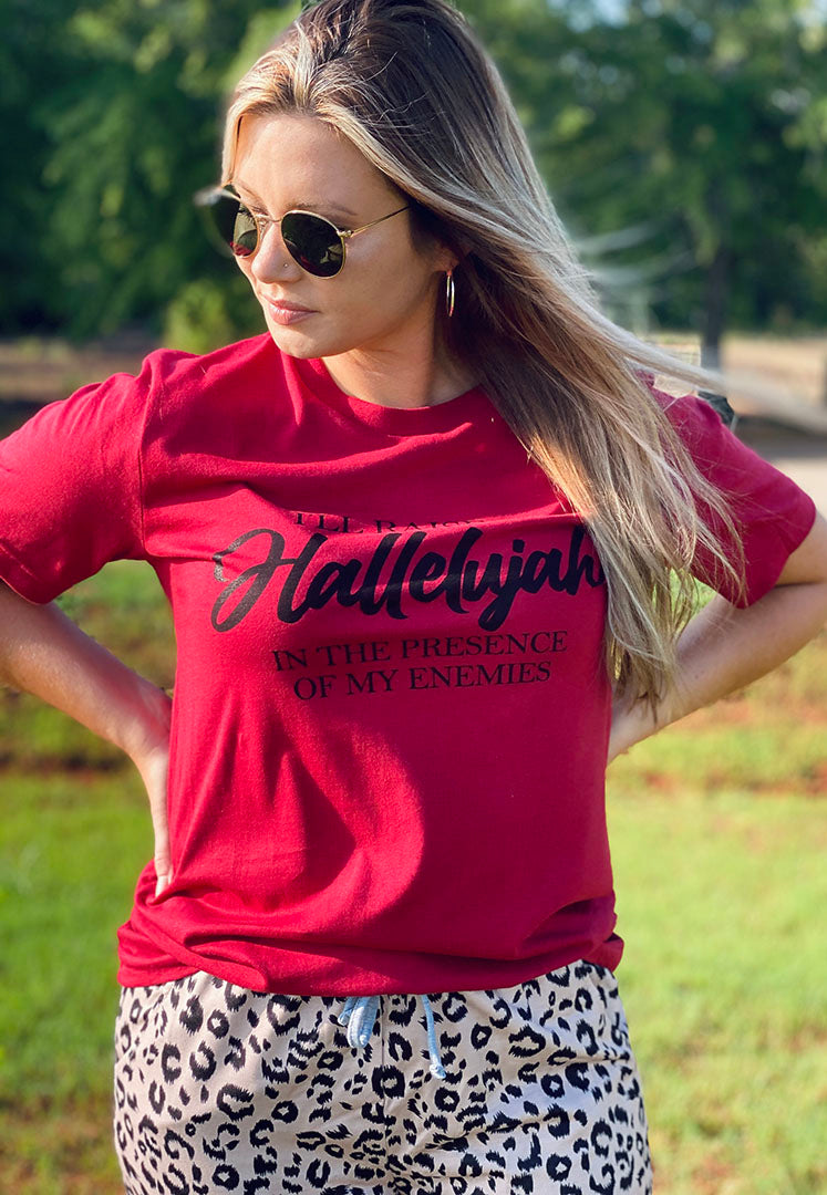 I'll Raise A Hallelujah Leopard Shorts Set (Burgundy Tee/White Leopard Shorts) - Southern Grace Creations