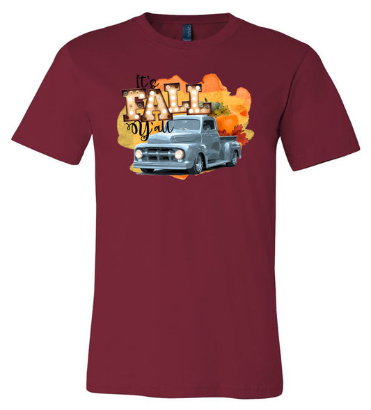 It's Fall Y'all Blue Truck - Cardinal Short/Long Sleeve Tee - Southern Grace Creations