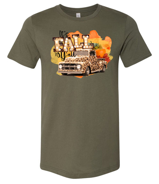 It's Fall Y'all Leopard Truck - Military Green Short/Long Sleeve Tee - Southern Grace Creations