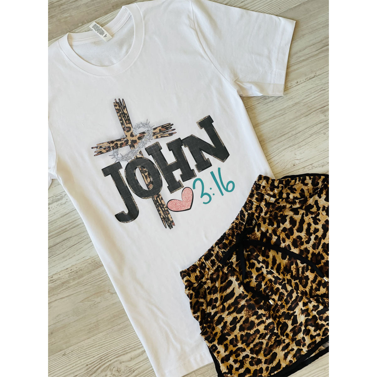 John 3:16 Leopard Cross Set (White Tee/Leopard Silk Shorts) - Southern Grace Creations