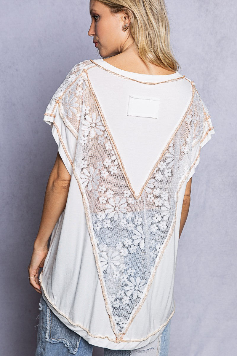Lace detailed V-neck Knit Top - Ivory - Southern Grace Creations
