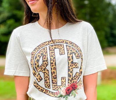 Leopard Print Circle Monogram with Flowers - Natural Color TEE - Southern Grace Creations