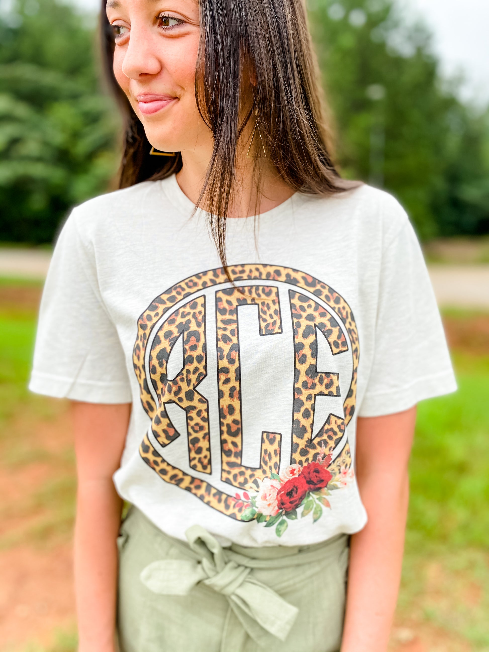 Leopard Print Circle Monogram with Flowers - Natural Color TEE - Southern Grace Creations