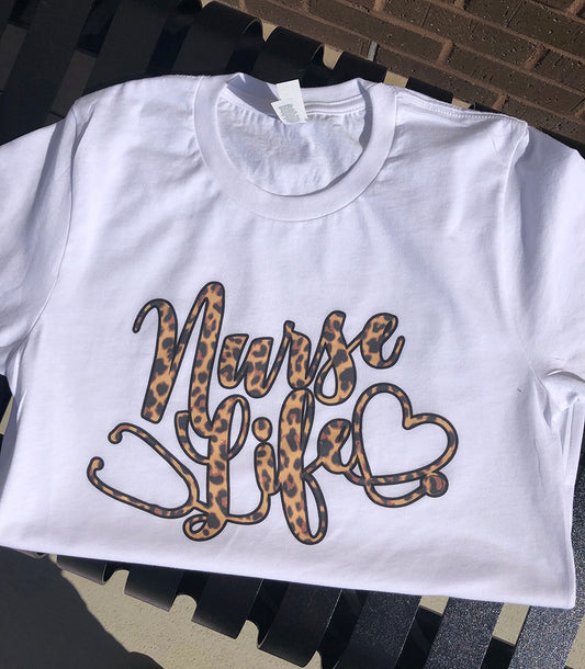 Leopard Print Nurse Life with Stethoscope and Heart - White Short-Sleeve Tee - Southern Grace Creations