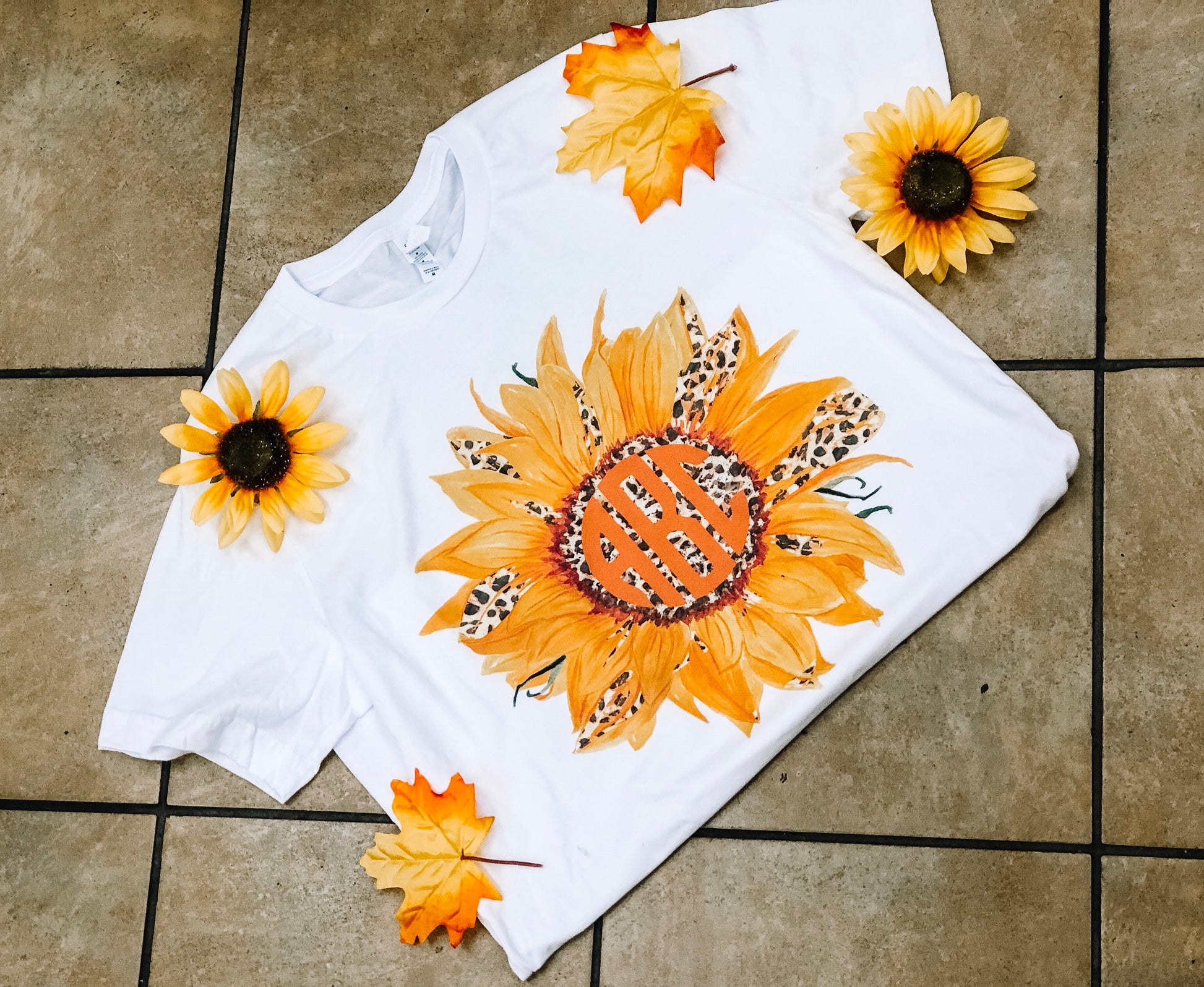 Leopard Sunflower Monogram Tee - White Short Sleeve Bella - Southern Grace Creations