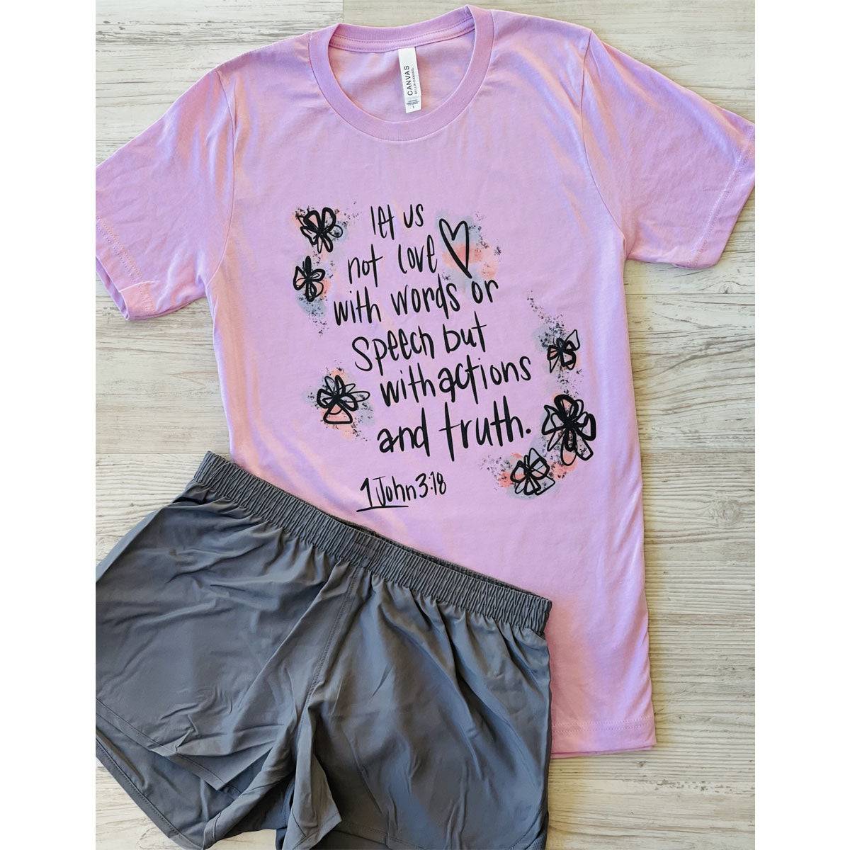 Let Us Not Love With Words Set (Lilac Tee/Grey Shorts) - Southern Grace Creations