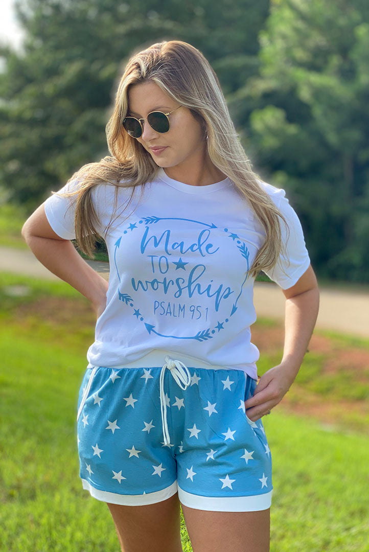 Made To Worship Star Shorts Set (White Tee/Blue Star Shorts) - Southern Grace Creations