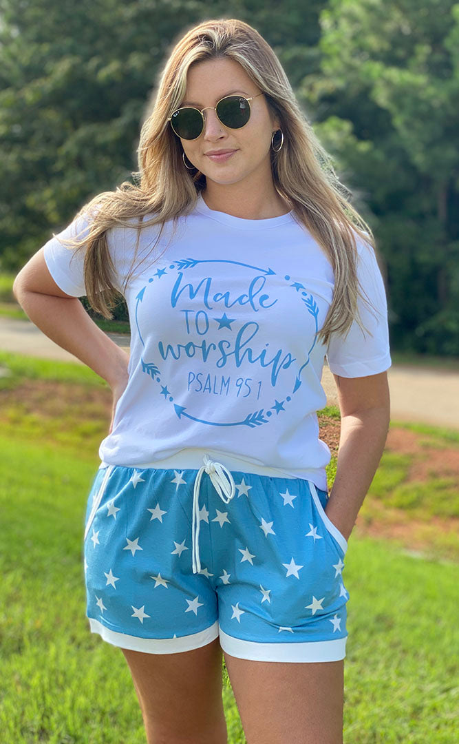 Made To Worship Star Shorts Set (White Tee/Blue Star Shorts) - Southern Grace Creations