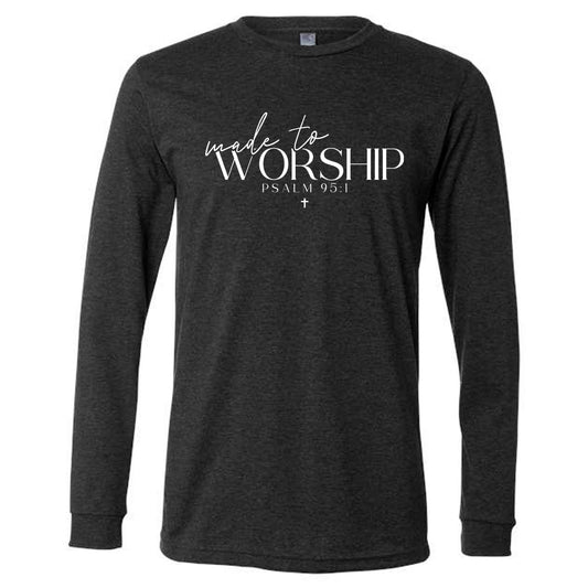 Made To Worship with Cross - Dark Grey Heather Short/Long Sleeves Tee - Southern Grace Creations