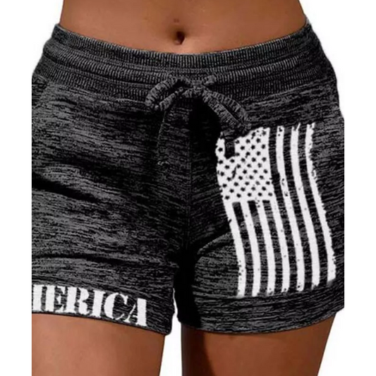'Merica & USA Flag Print Drawstring Shorts with Pockets - Charcoal - Southern Grace Creations