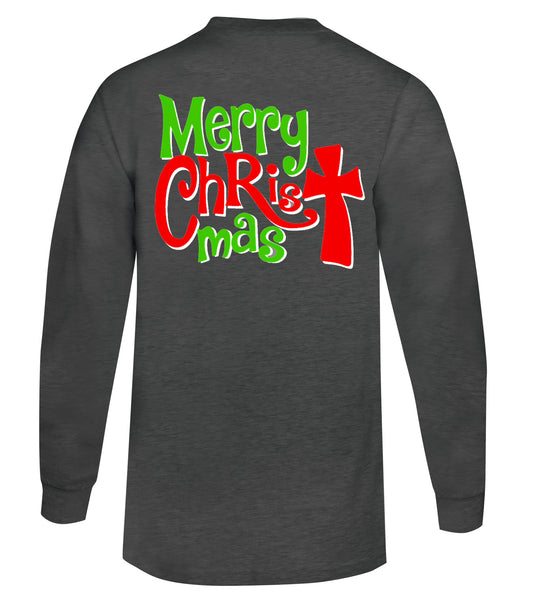 Merry CHRISTmas Tee - Long Sleeve Charcoal - Southern Grace Creations