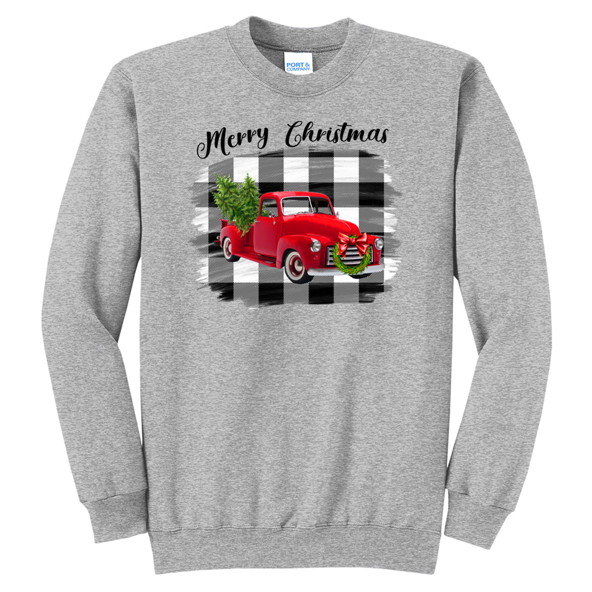 Merry Christmas Red Truck Black White Plaid Background Tee - Southern Grace Creations