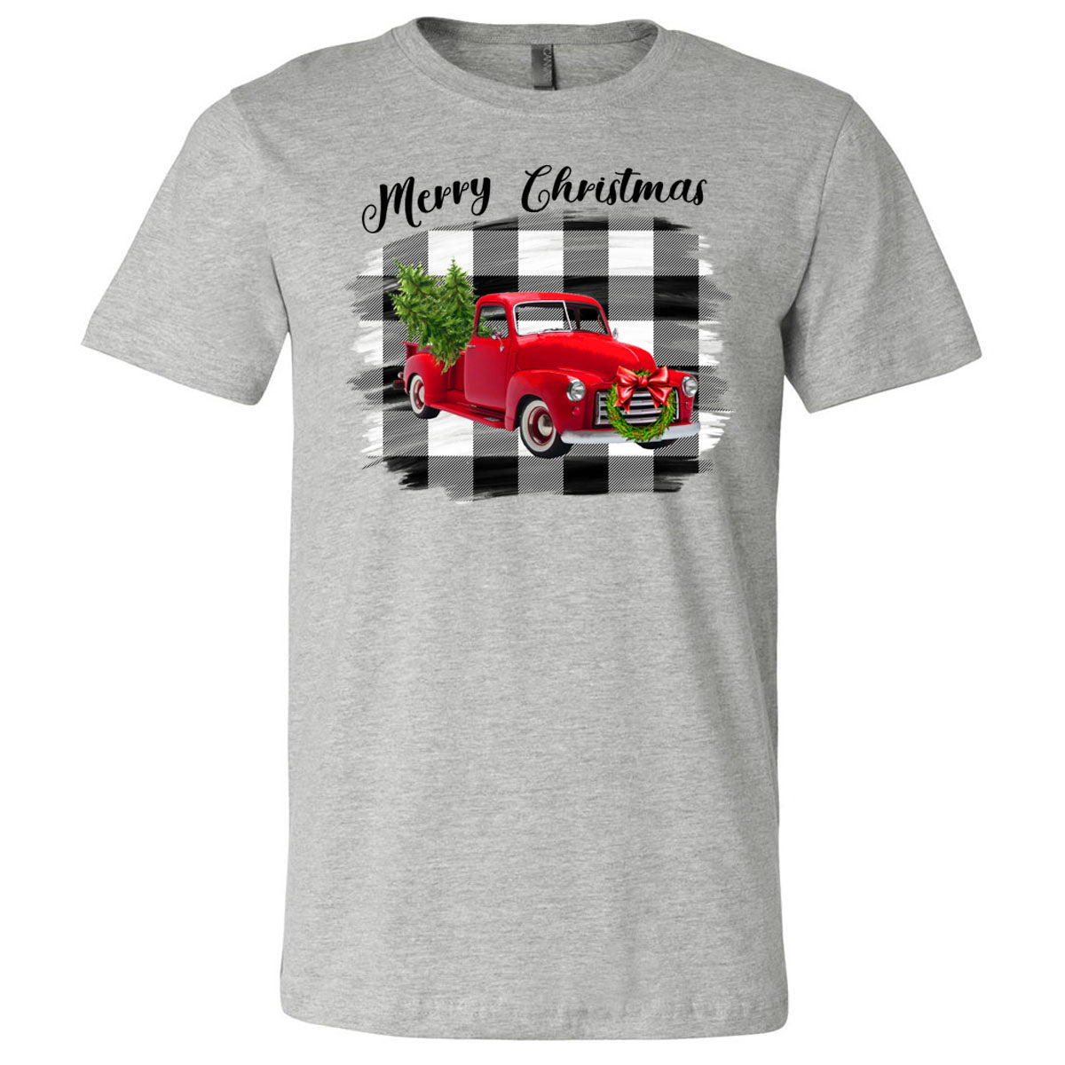Merry Christmas Red Truck Black White Plaid Background Tee - Southern Grace Creations