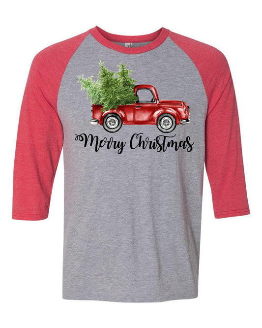 "Merry Christmas" Vintage Truck - Heather Grey/Red Raglan - Southern Grace Creations