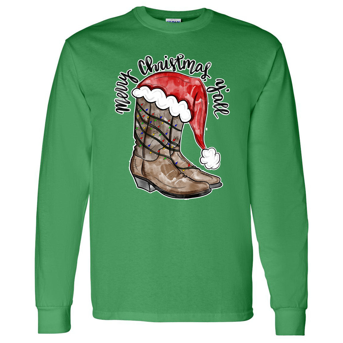 Merry Christmas Y'all Cowboy Boots - Green Longsleeve Tee - Southern Grace Creations