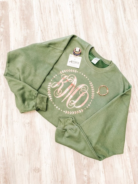 Military Green Sweatshirt with Rose Gold Monogram - Southern Grace Creations