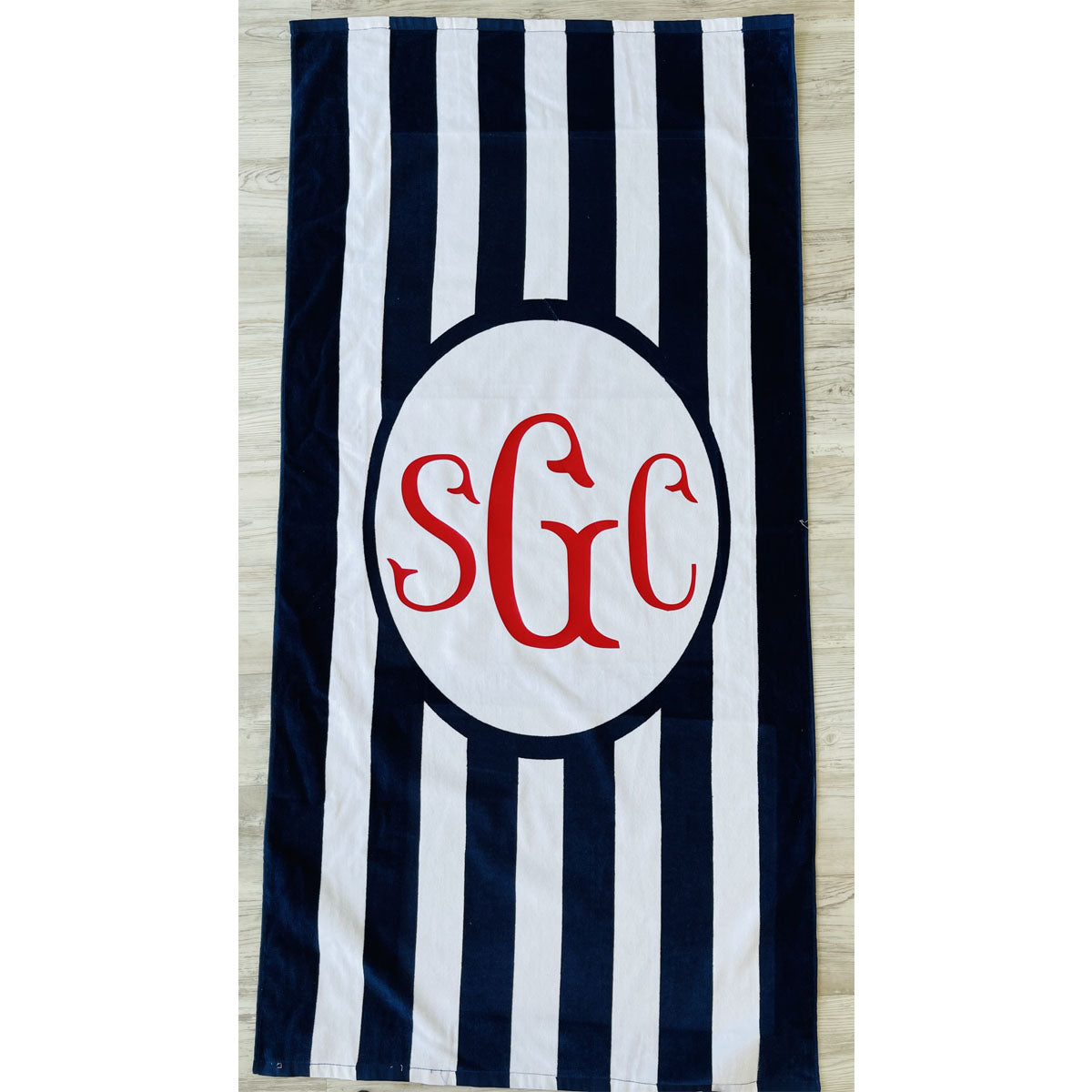 Monogrammed Stripe Beach Towel - Navy/White - Southern Grace Creations