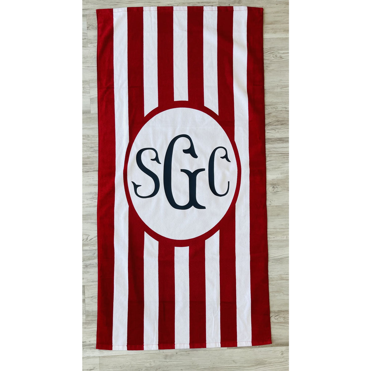 Monogrammed Stripe Beach Towel - Red/White - Southern Grace Creations