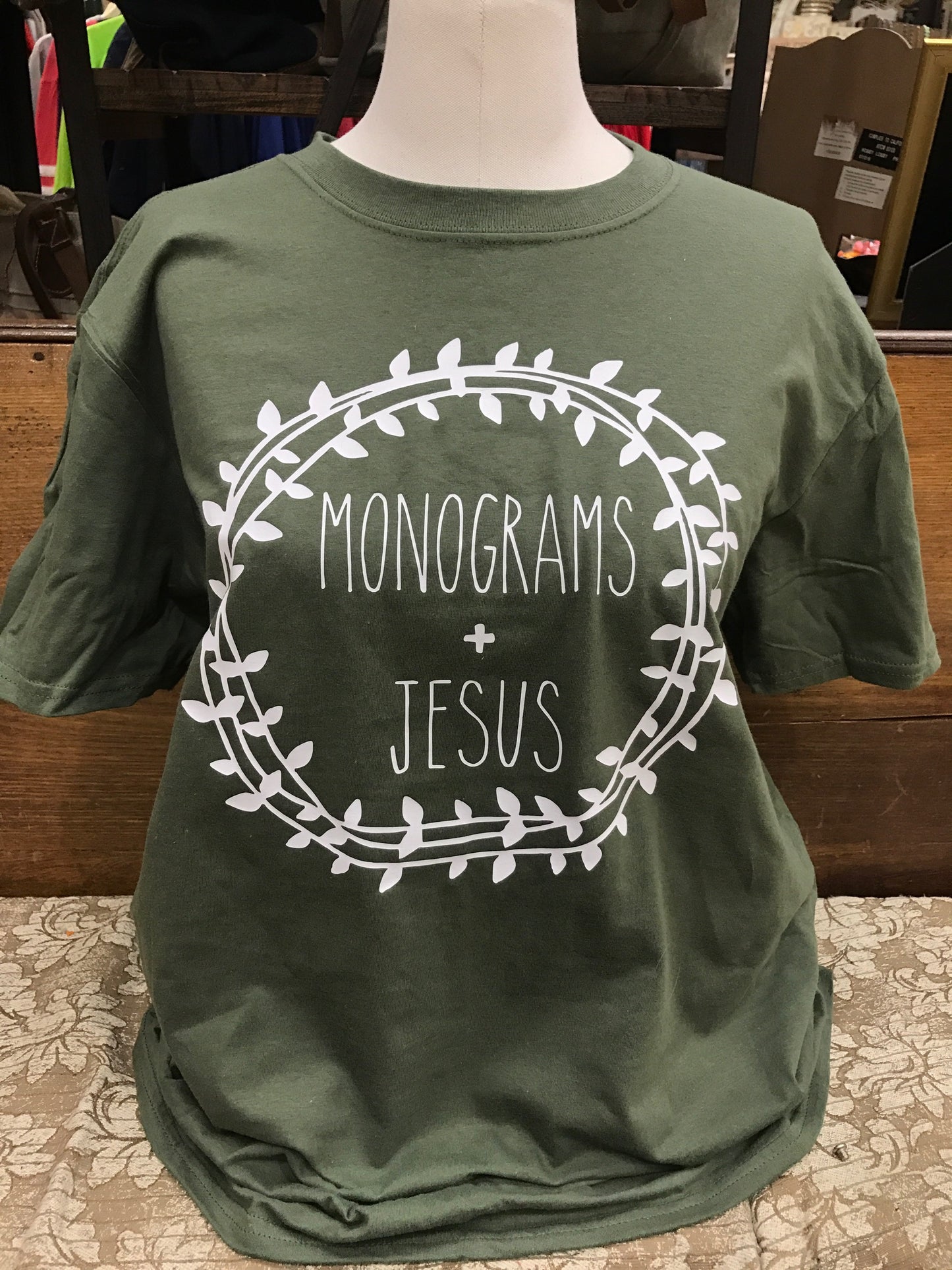 “Monograms & Jesus” - Military Green Short-Sleeve Tee - Southern Grace Creations