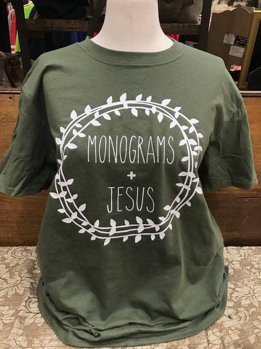 “Monograms & Jesus” - Military Green Short-Sleeve Tee - Southern Grace Creations