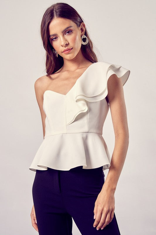 ONE SHOULDER RUFFLE PEPLUM TOP - Southern Grace Creations