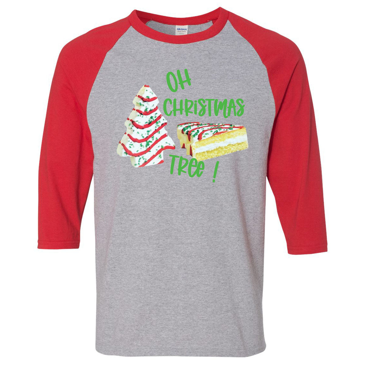 Oh Christmas Tree Cakes - Sport Grey/Red Raglan - Southern Grace Creations