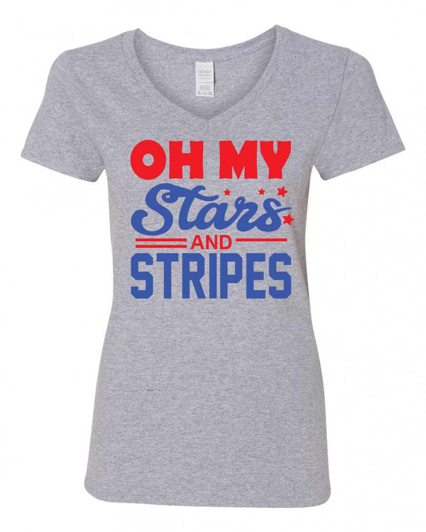 Oh My Stars and Stripes - Sport Grey LADIES V-Neck Tee - Southern Grace Creations