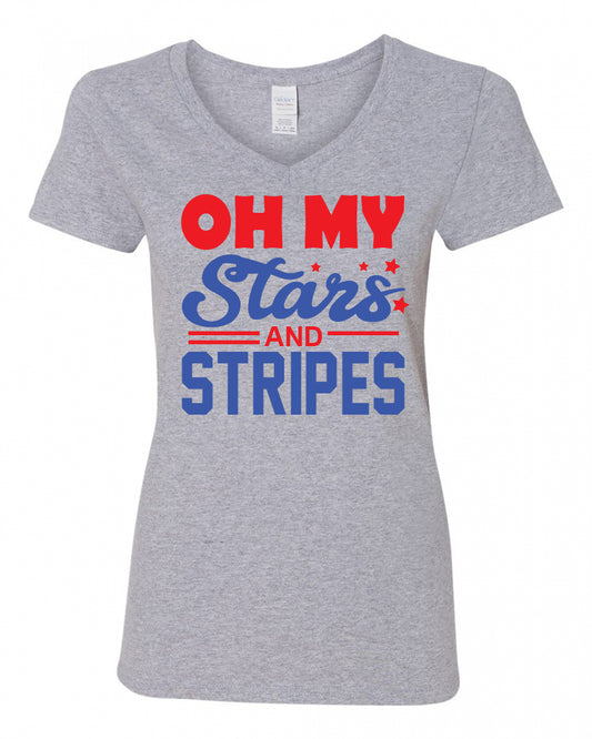 Oh My Stars and Stripes - Sport Grey LADIES V-Neck Tee - Southern Grace Creations