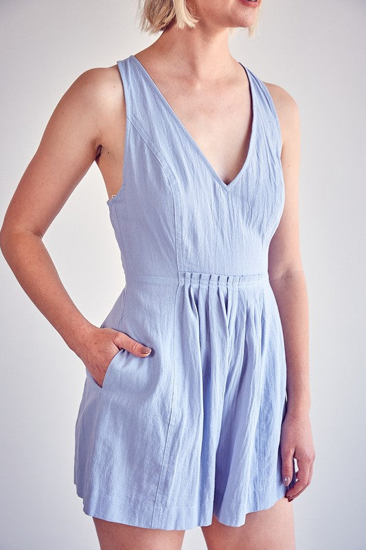 Open Back Pleated Detail Romper - Misty Blue - Southern Grace Creations