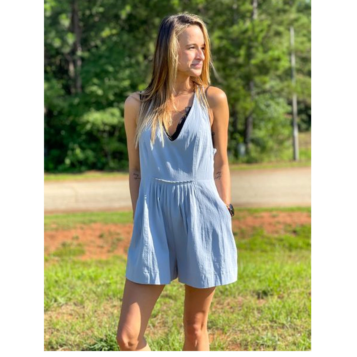 Open Back Pleated Detail Romper - Misty Blue - Southern Grace Creations