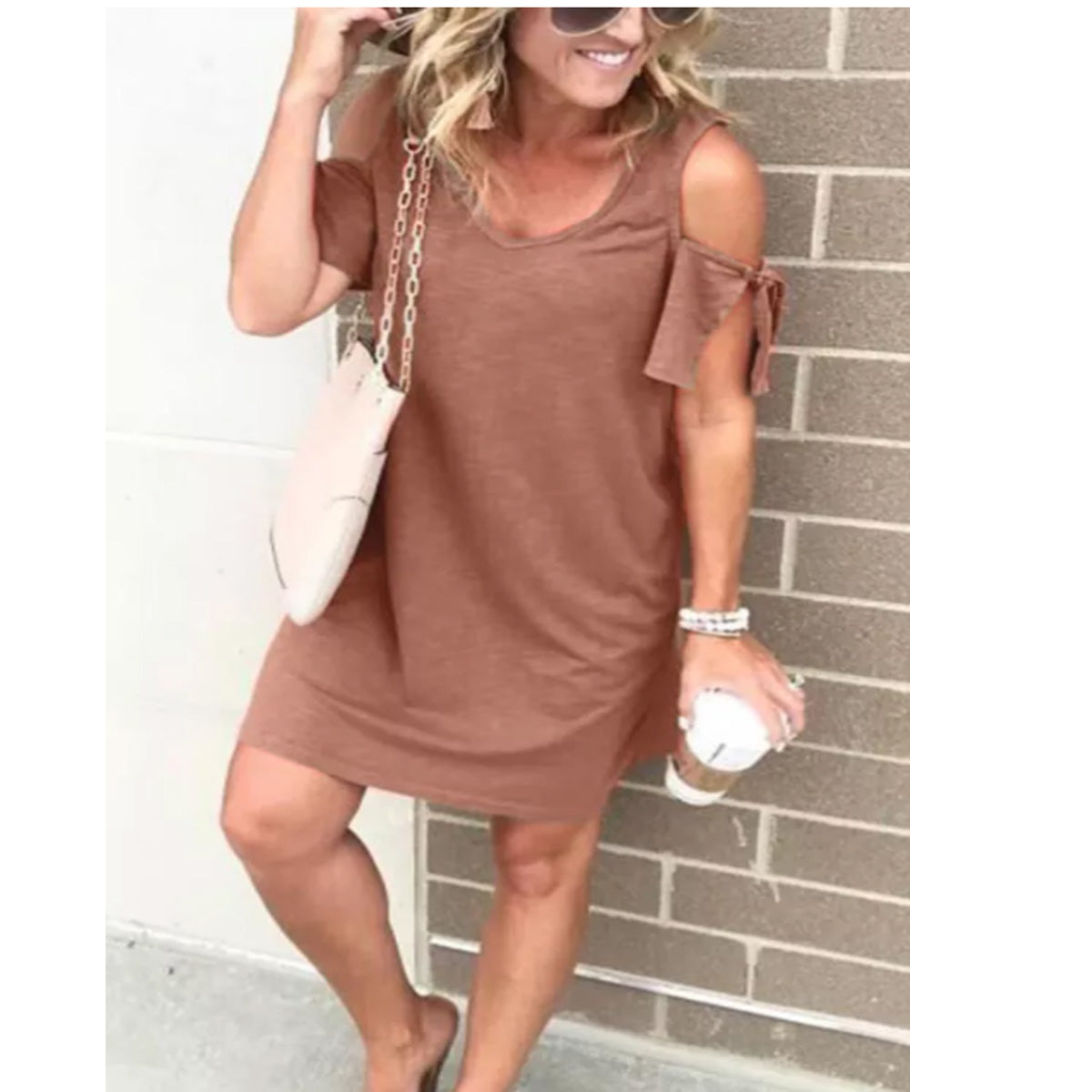 cold shoulder loose dress Orange V Neck Cold Shoulder Loose Dress S
