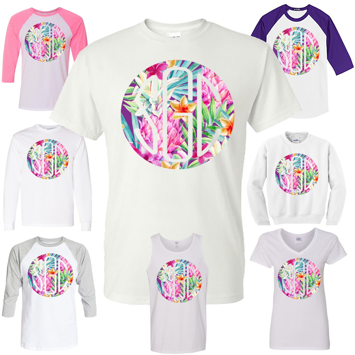 PINEAPPLE FLORAL ROUND MONOGRAM PRINTED SHIRT - Southern Grace Creations