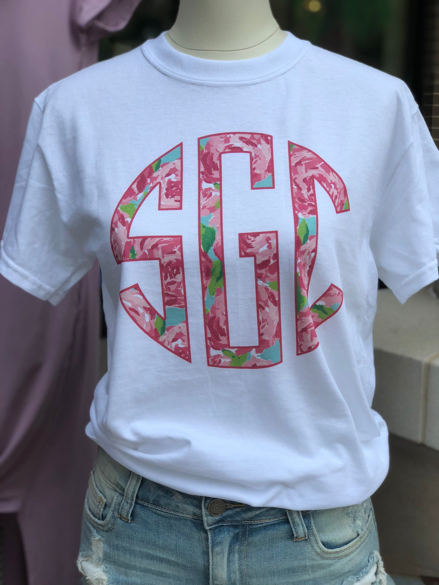 PINK FLOWER (LILLY PULITZER INSPIRED) CIRCLE MONOGRAM PRINTED SHIRT - Southern Grace Creations