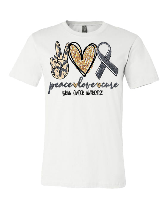 Peace Love Cure Brain Cancer Awareness - White Tee - Southern Grace Creations