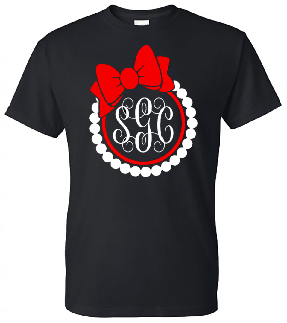 Pearls and Bow Monogram - Black Tee - Southern Grace Creations