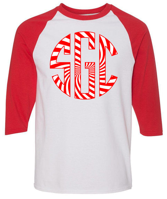 Peppermint Monogram - White/Red Raglan - Southern Grace Creations