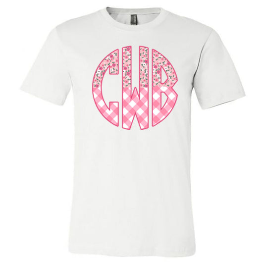 Pink Floral Circle Monogram - White Short Sleeve Tee - Southern Grace Creations