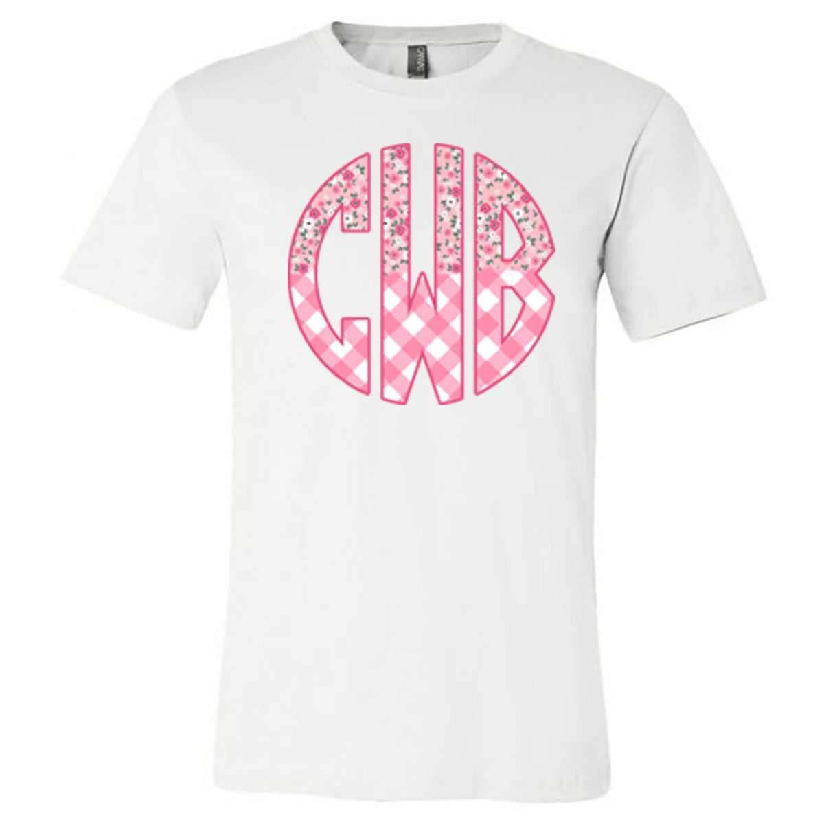 Pink Floral Circle Monogram - White Short Sleeve Tee - Southern Grace Creations