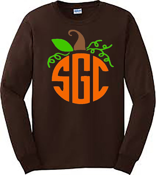 Pumpkin Monogram Tee - Dark Chocolate Longsleeve - Southern Grace Creations