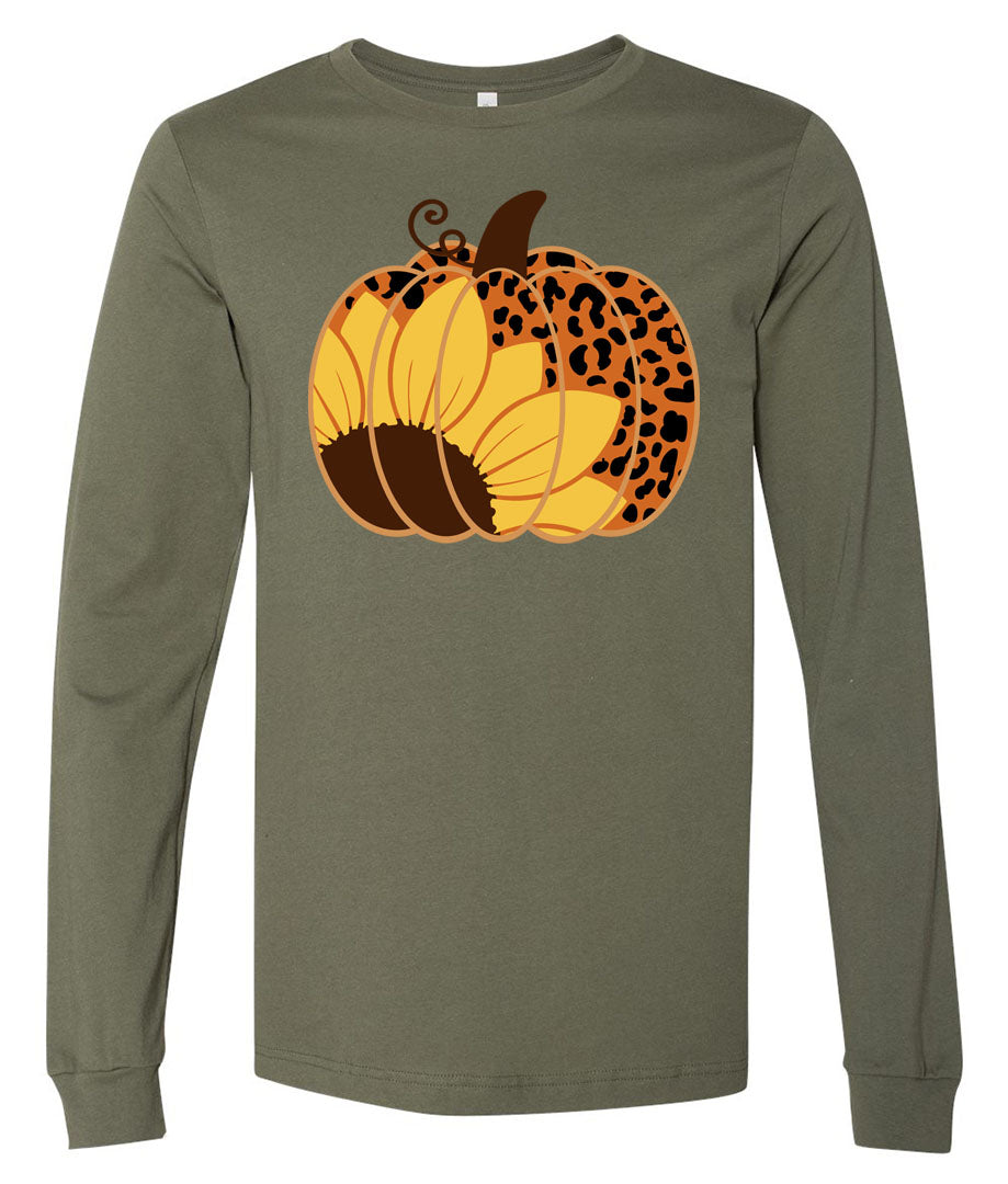Pumpkin Sunflower Leopard - Military Green Short/Long Sleeve Tee - Southern Grace Creations