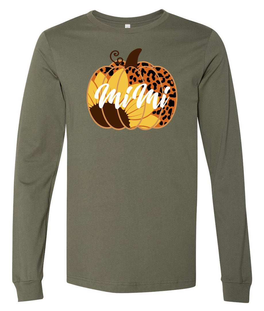 Pumpkin Sunflower Leopard PERSONALIZED - Military Green Short/Long Sleeve Tee - Southern Grace Creations
