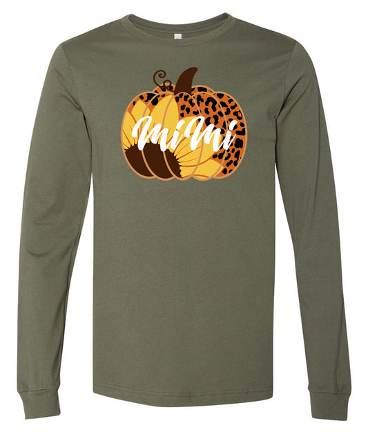 Pumpkin Sunflower Leopard PERSONALIZED - Military Green Short/Long Sleeve Tee - Southern Grace Creations