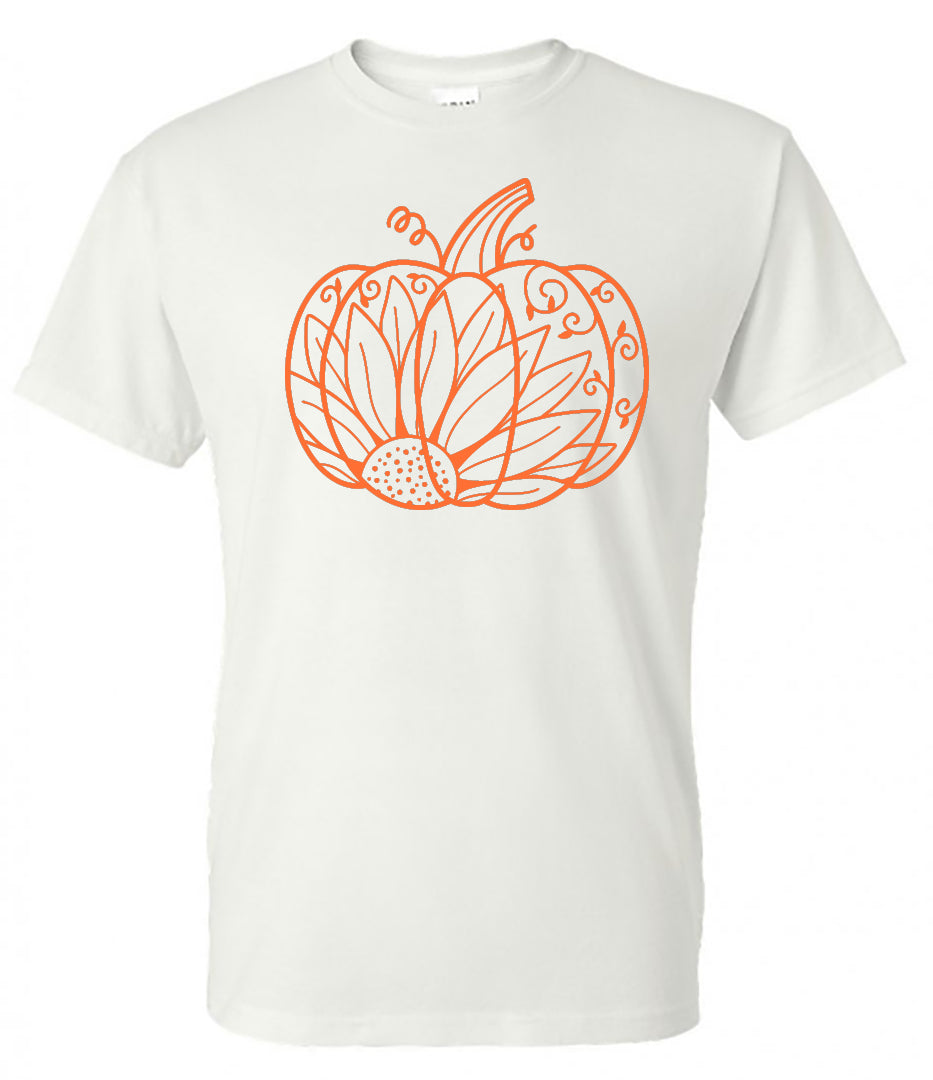 Pumpkin Sunflower Mandala - White Tee - Southern Grace Creations