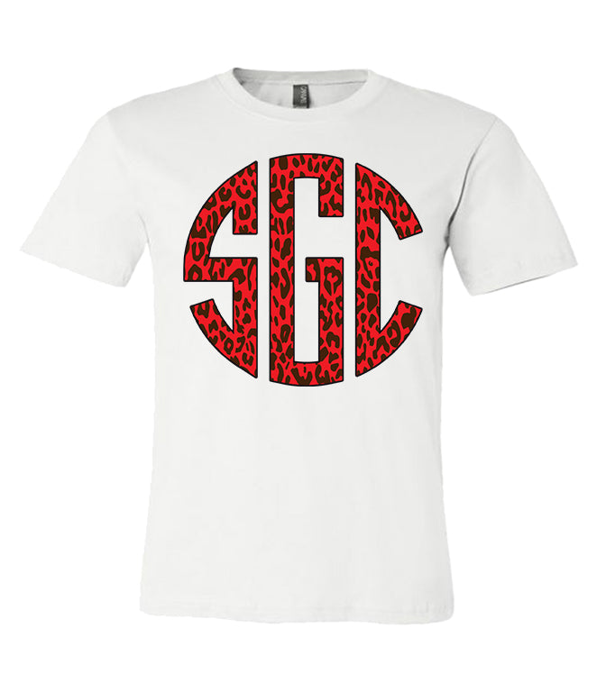 Red Leopard Print Monogram - White Tee - Southern Grace Creations