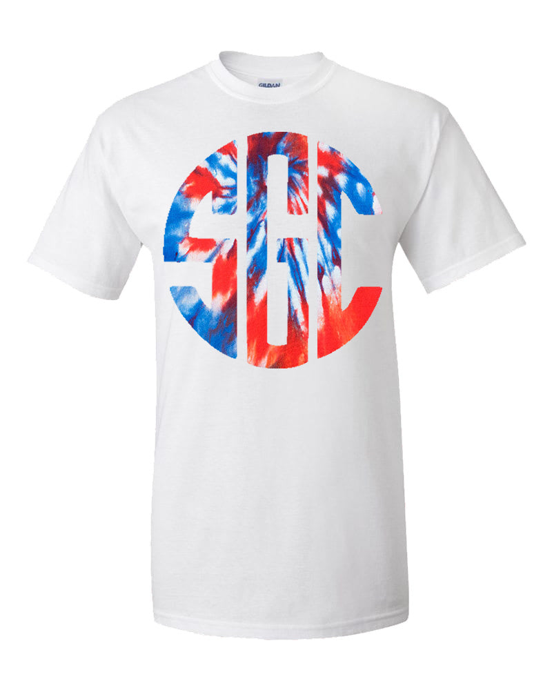Red, White and Blue Monogram Tie Dye T-Shirt - White Short-Sleeve Tee - Southern Grace Creations