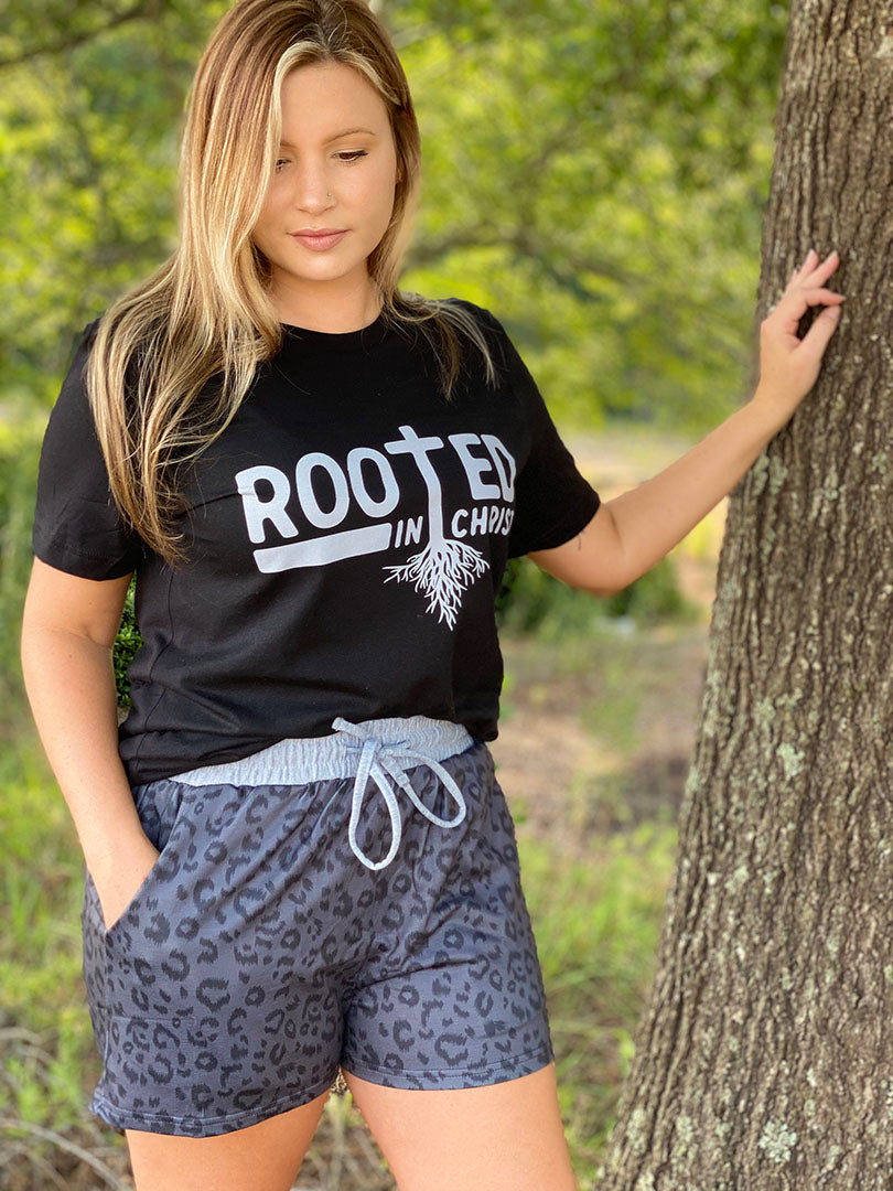 Rooted In Christ Leopard Shorts Set (Black Tee/Grey Leopard Shorts) - Southern Grace Creations