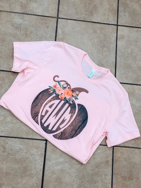 Rustic Monogrammed Pumpkin Tee - Light Pink Short Sleeve Tee - Southern Grace Creations